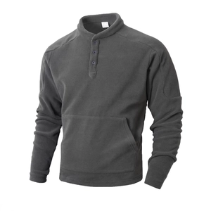 Men Fleece Sweatshirt Pullover Stand Collar Button Henley Long Sleeve Solid Color Kangaroo Pocket Casual Slim Fit Tactical