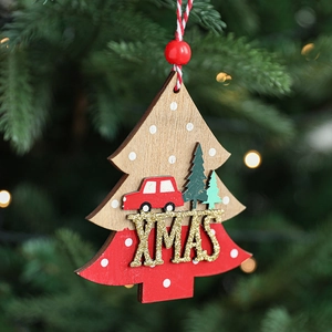 Wooden Christmas tree ornament with red car design and XMAS glitter hanging on tree