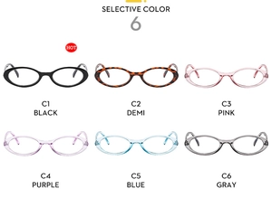 Matrix display of vintage oval narrow eyewear frames in six assorted translucent colors