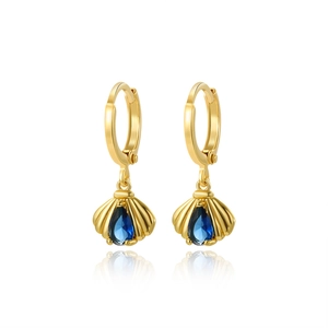 Sparkling shell drop hoop earrings with blue zircon in gold-plated stainless steel