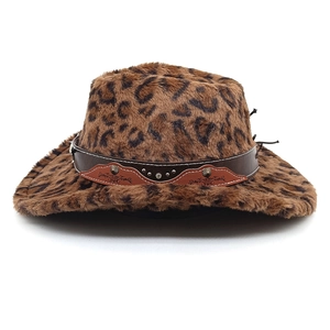 Close-up of leopard print cowboy hat with studded leather band and faux fur texture