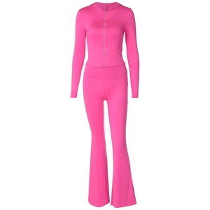 Women's rose red two-piece tracksuit with zip-up hoodie and high waisted flared trousers