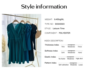Detailed size chart and fabric specifications for elegant V-neck long sleeve dresses