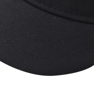 Detail of multi-row reinforcement stitching on the brim of a black cotton baseball cap