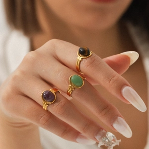 Retro 18K gold plated stainless steel rings set with purple green and brown gemstones