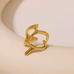Minimalist gold irregular hollow stainless steel open ring with fluid abstract design