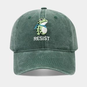 Vintage dark green washed cotton baseball cap with embroidered frog and Resist text