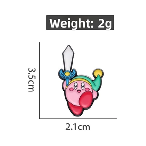 Detailed size chart of pink Kirby metal pin showing dimensions 3.5cm by 2.1cm