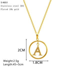 18k gold plated stainless steel initial A pendant necklace for women on white background