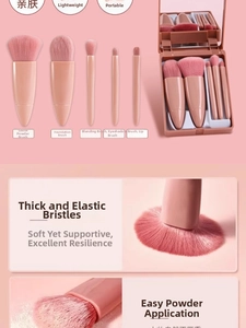 Detail of travel makeup brush set bristles with pink compact storage case and mirror