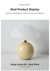 Detail of mushroom lamp showing beige ceramic base and white dome shade in off state