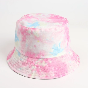 Close-up of pastel tie-dye bucket hat stitching detail and breathable fabric texture