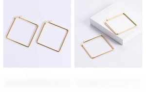Detailed macro view of minimalist geometric square hoop earrings in polished gold finish