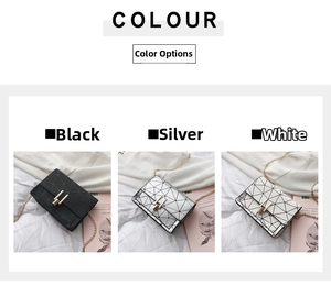 Detail view of geometric mini shoulder bags in black, silver, and white with gold chains