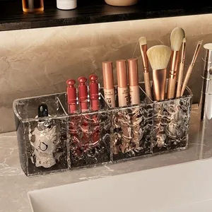 Acrylic makeup brush holder with 4 compartments and elegant water ripple texture finish