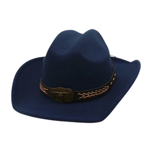 Classic dark blue western cowboy hat with leather band and vintage bull head buckle