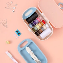 Detailed top view of a portable pink sewing kit with threads, needles, and tools