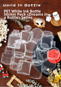 Macro detail of PET bottle-shaped stickers with white ink prints on vintage brown leather