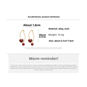 Detailed dimensions of dark red resin heart drop earrings with golden alloy bars