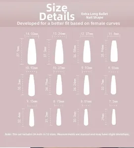 Tableau des tailles pour faux ongles ballerine longs montrant les mesures de 12 tailles d'ongles
