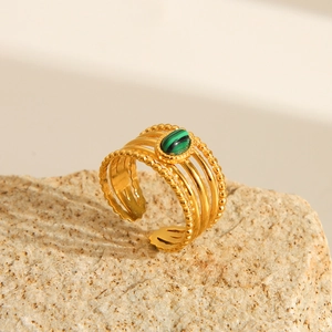 Vintage style gold-plated stainless steel ring with natural malachite and hollow band