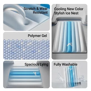 Cooling pet ice bed for dogs and cats with gel filling and blue striped washable cover