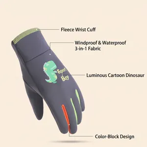 Winter kids waterproof ski gloves with warm plush cuffs and night glow dinosaur print