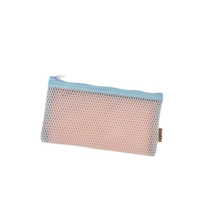 Large capacity mesh pencil case in pink and blue contrast with zip closure