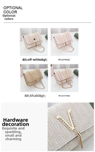 Detail of woven straw bags with metallic chain straps and rhinestone hardware accents