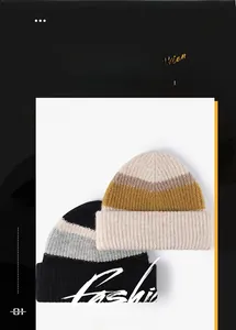 Close-up view of color-blocked knitted wool beanies designed for stylish winter warmth