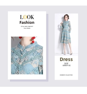 Detail of light blue lace embroidery on standing collar and sheer sleeves of A-line dress