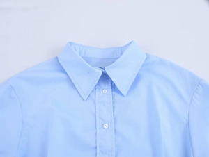 Détail du col classique et de la patte de boutonnage sur chemise bleu clair à manches