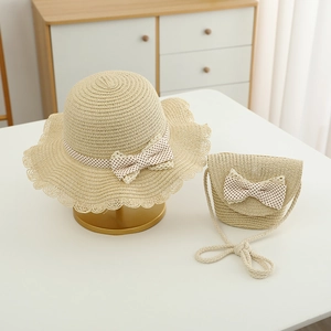 Summer kids straw hat and matching crossbody bag set with polka dot bows and lace trim