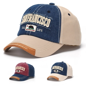 Vintage Baseball Cap Cotton Denim Distressed Patchwork San Francisco Embroidery Adjustable Sun Hat Retro Unisex