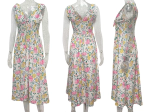 Detailed views of floral sleeveless V-neck dress with waist tie on white background