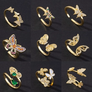 Butterfly Open Adjustable Rings For Women Copper Zircon Inlaid Elegant Niche Luxury Style Finger Jewelry Accessory