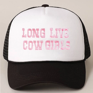 Close-up of pink Long Live Cow Girls embroidery on a black and white trucker hat