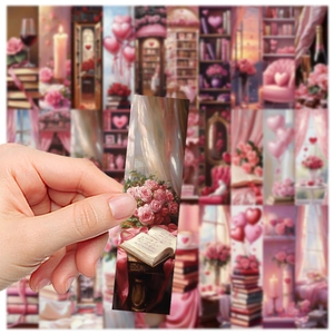 Close-up of romantic pink Valentine bookmarks with roses and heart balloon designs
