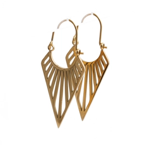 Macro shot of gold triangular earrings with radiant cutout design in stainless steel