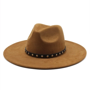 Classic camel faux suede wide brim fedora hat with black studded leather band
