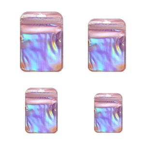 Detailed view of four holographic resealable jewelry bags in various sizes and colors