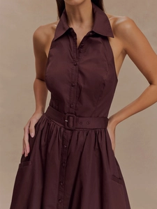 Robe Maxi En Coton À Dos Nu Pour Femmes Robe Chemise Boutonnée Avec Ceinture Sans Manches Élégante Été Décontractée