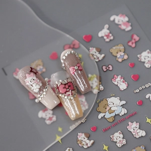 5D embossed nail art stickers featuring cute cartoon animals, bears and bows