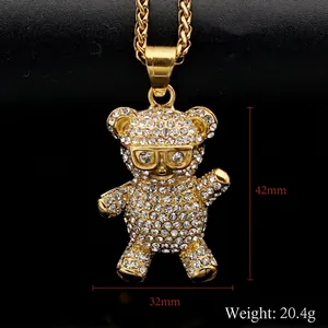 Gold iced out hip hop bear necklace with glasses and sparkling white crystals