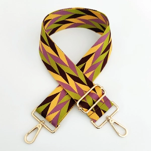 Adjustable woven shoulder strap for bags with colorful geometric wave patterns and gold hooks