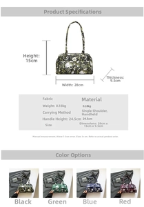 Size guide for floral shoulder bag showing 28x15x9.5cm dimensions and fabric specs