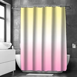Dettaglio della tenda da doccia in poliestere impermeabile con sfumature giallo bianco rosa