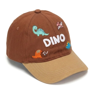 Detail of kids baseball cap featuring 3D DINO embroidery and colorful cartoon dinosaurs