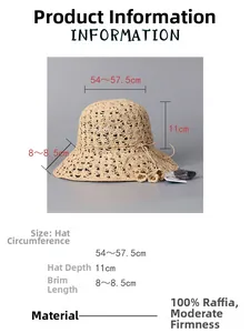 Tableau des tailles du chapeau en raphia indiquant le tour de tête et la largeur du bord