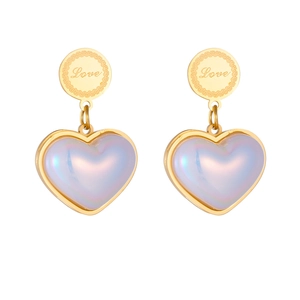 Detail of gold heart earrings with engraved Love text and iridescent white pendants